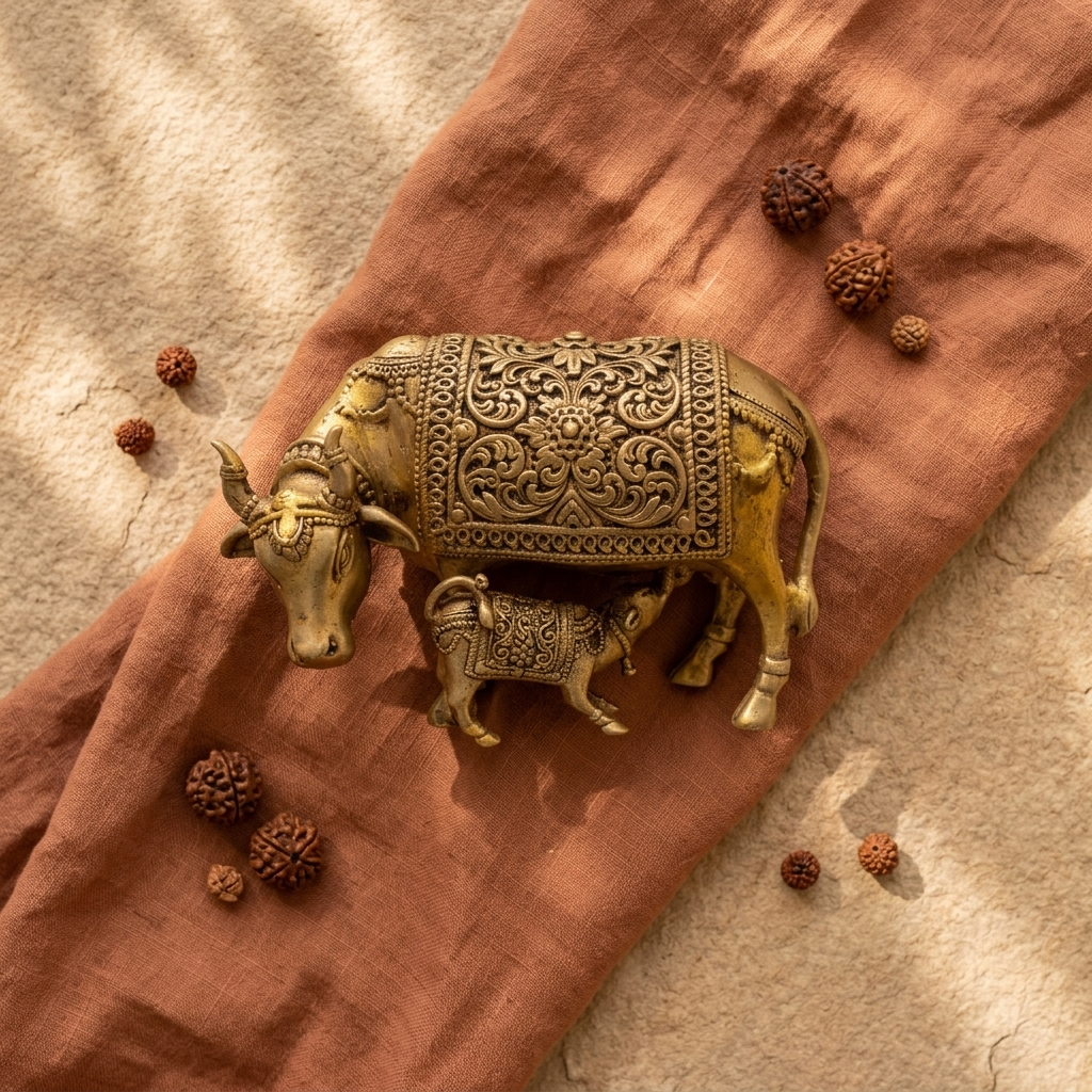 Brass Kamdhenu Cow with Calf Idol | Grand Divine Statue for Home Office Temple