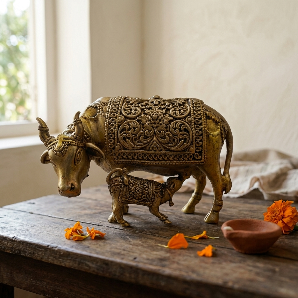 Brass Kamdhenu Cow with Calf Idol | Divine Wish-Fulfilling Cow | Home Temple