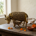 Brass Kamdhenu Cow with Calf Idol | Divine Wish-Fulfilling Cow | Home Temple