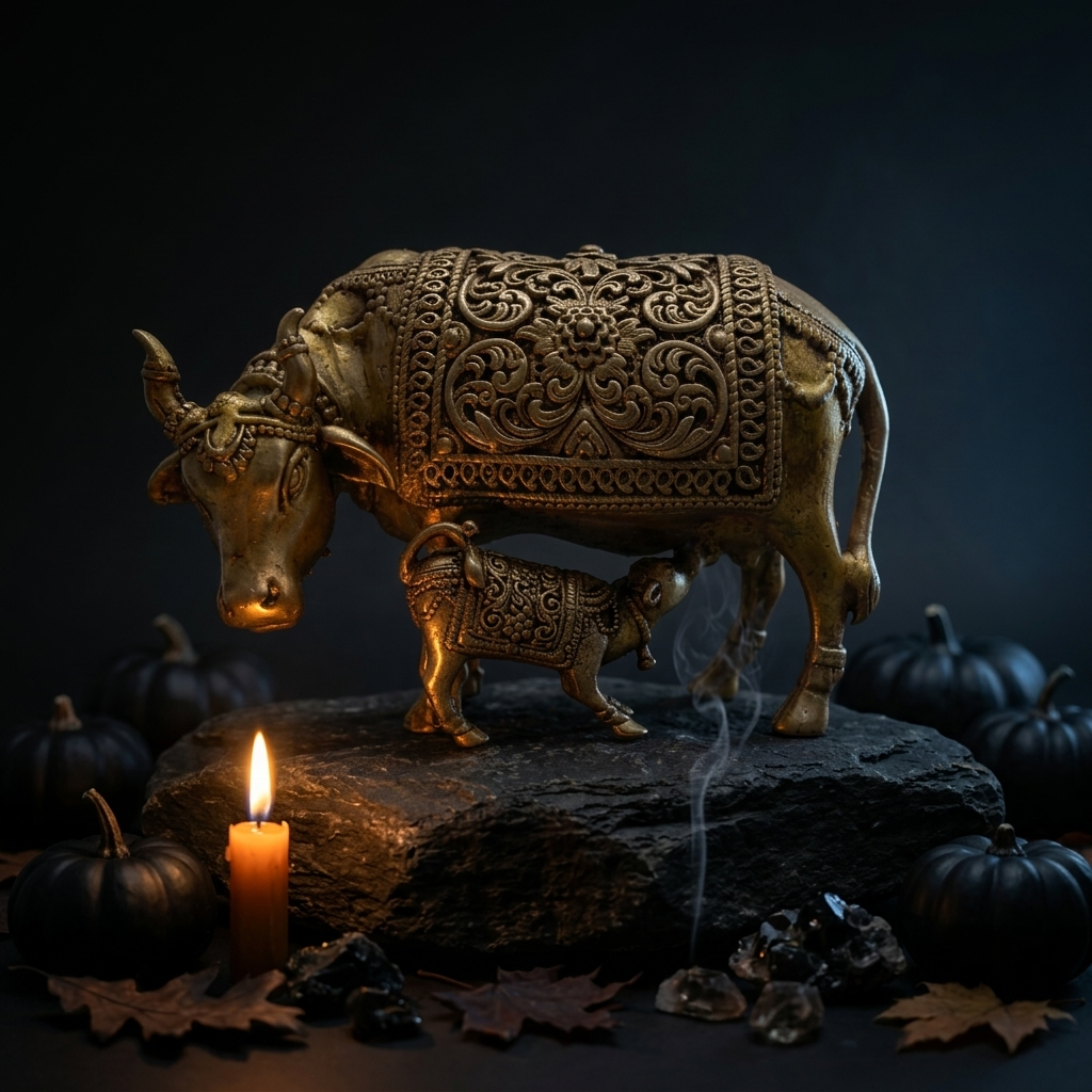 Brass Kamdhenu Cow with Calf Idol | Divine Wish-Fulfilling Cow | Home Temple
