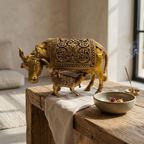 Brass Kamdhenu Cow with Calf Idol | Divine Wish-Fulfilling Cow | Home Temple