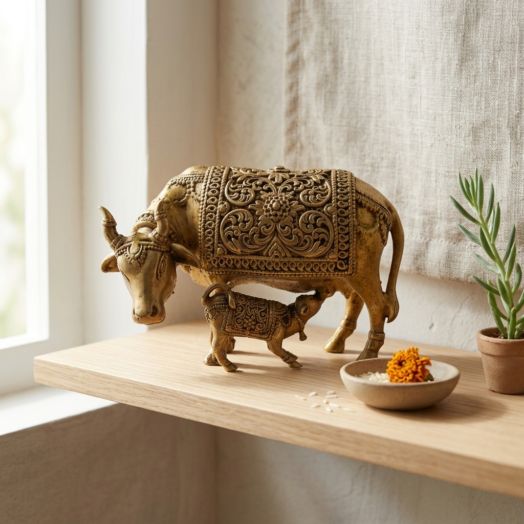 Brass Kamdhenu Cow with Calf Idol | Divine Wish-Fulfilling Cow | Home Temple