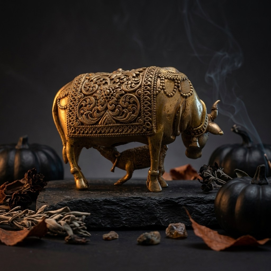 Brass Kamdhenu Cow with Calf Idol | Divine Wish-Fulfilling Cow | Home Temple