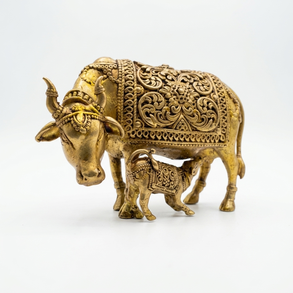Brass Kamdhenu Cow with Calf Idol | Divine Wish-Fulfilling Cow | Home Temple