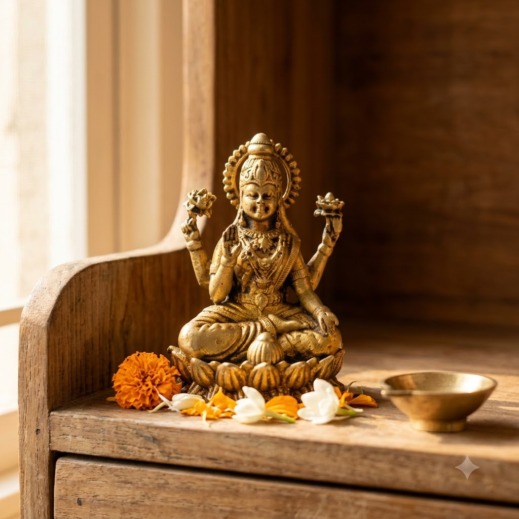 Brass Lakshmi Devi Idol | Antique Lotus Finish | Wealth Goddess Statue for Home Office