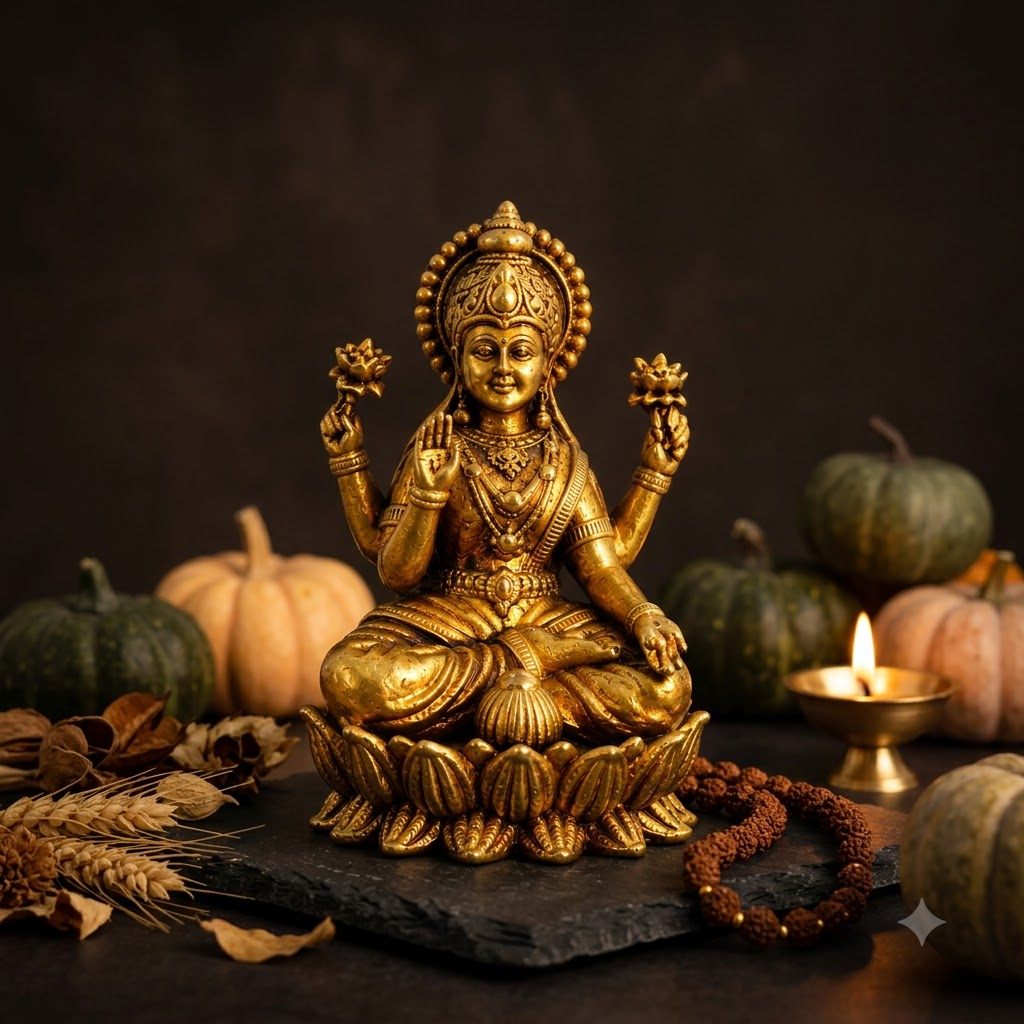 Brass Lakshmi Devi Idol | Antique Lotus Finish | Wealth Goddess Statue for Home Office