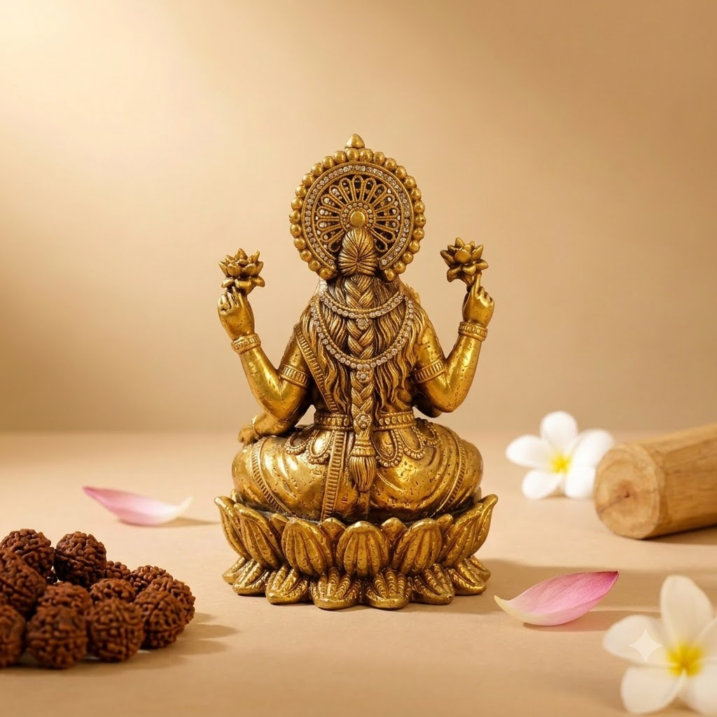 Brass Lakshmi Devi Idol | Antique Lotus Finish | Wealth Goddess Statue for Home Office